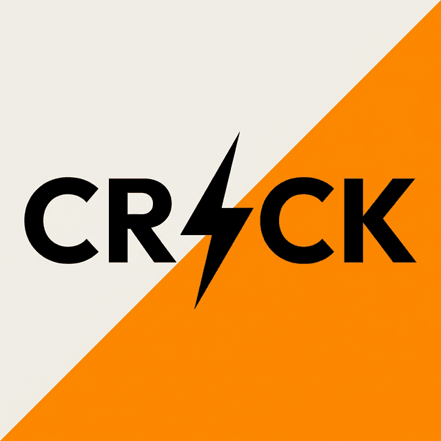 번개 모양 심볼과 주황색 배경으로 구성된 Crack 프로젝트 로고